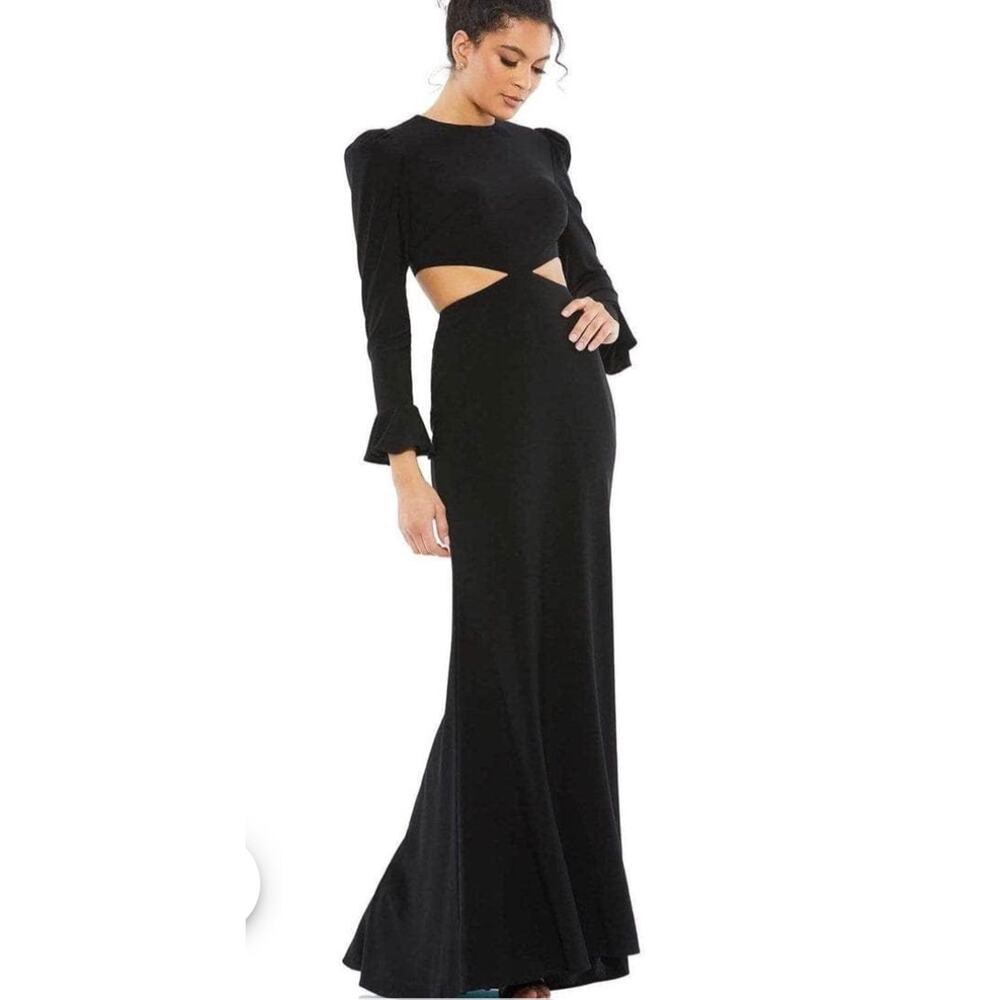 New! Mac Duggal 67944 Black Long Sleeve Puff Shoulder Cut Out Gown Black Sz 6